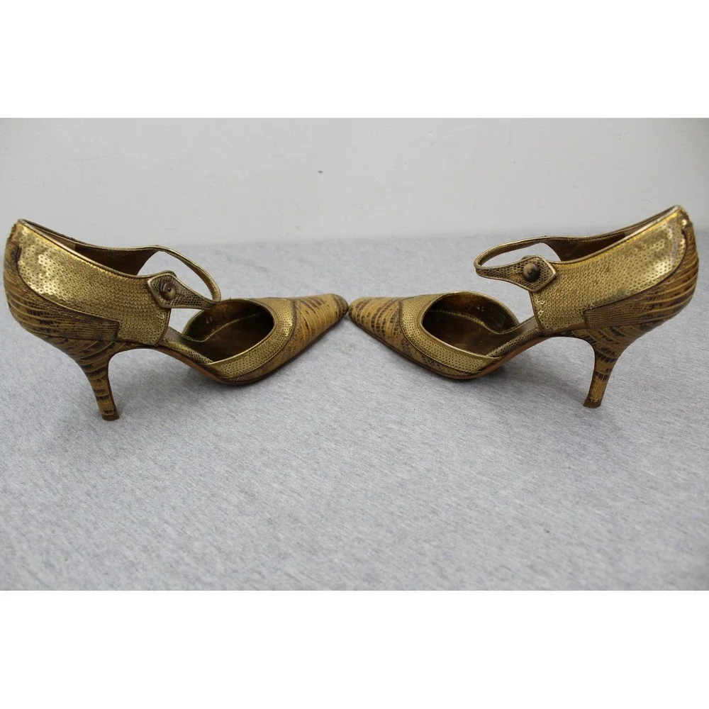 Prada Heels Womens 37 Gold Snakeskin Sequin Mary Jane Pointed Toe Pumps Vintage - Picture 4 of 9